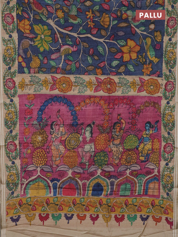 Semi tussar saree bluish grey and beige with allover kalamkari prints and printed border