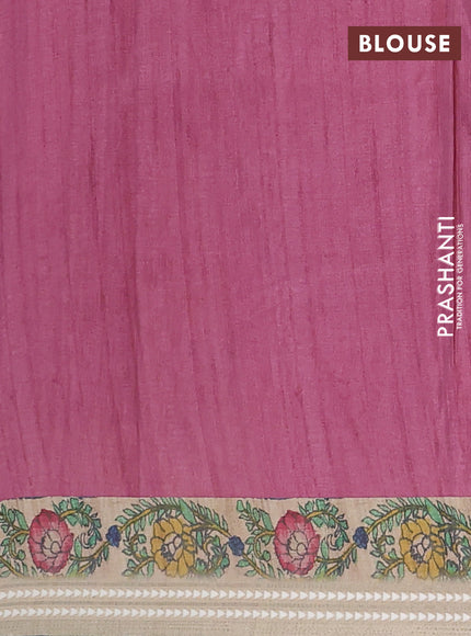 Semi tussar saree bluish grey and beige with allover kalamkari prints and printed border