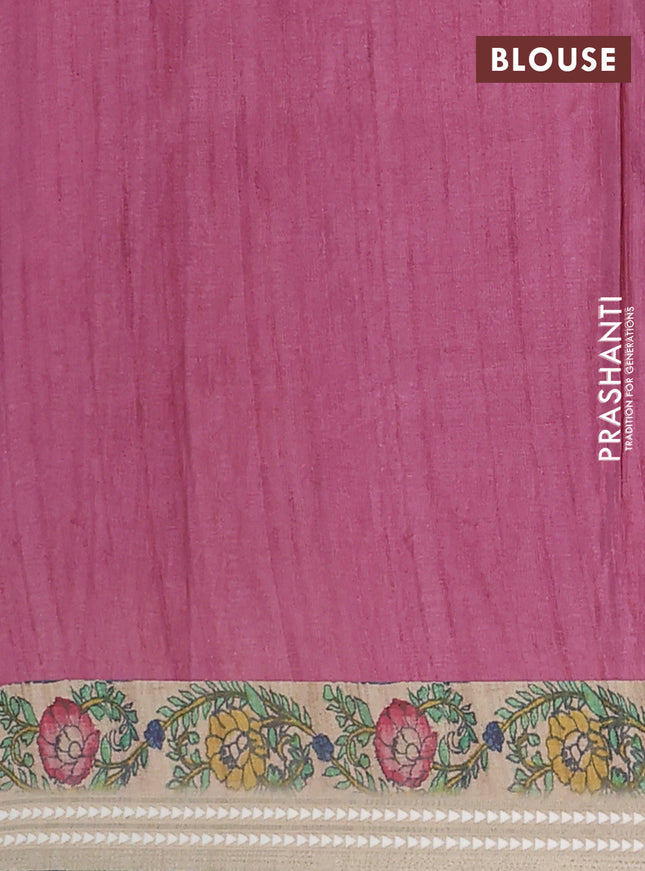 Semi tussar saree bluish grey and beige with allover kalamkari prints and printed border