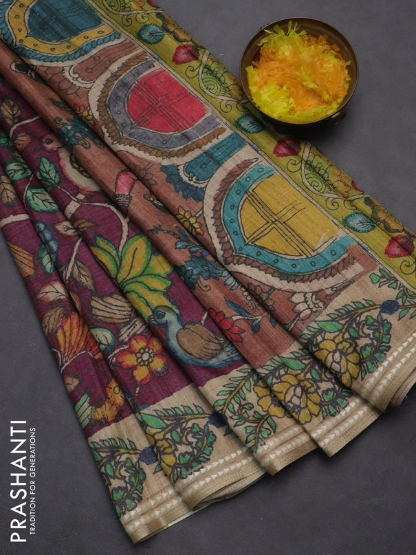 Semi tussar saree wine shade and beige with allover kalamkari prints and printed border
