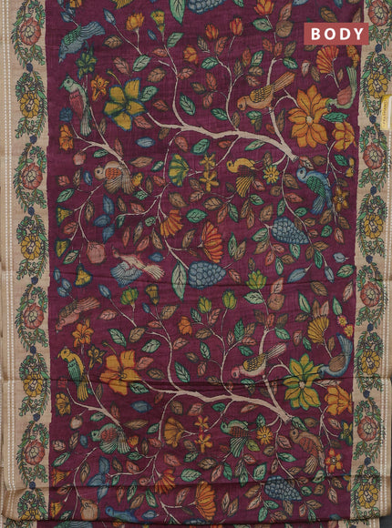 Semi tussar saree wine shade and beige with allover kalamkari prints and printed border