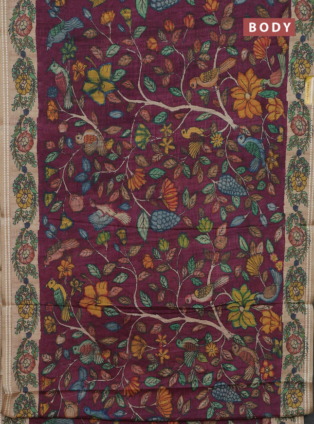 Semi tussar saree wine shade and beige with allover kalamkari prints and printed border