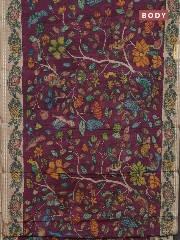 Semi tussar saree wine shade and beige with allover kalamkari prints and printed border