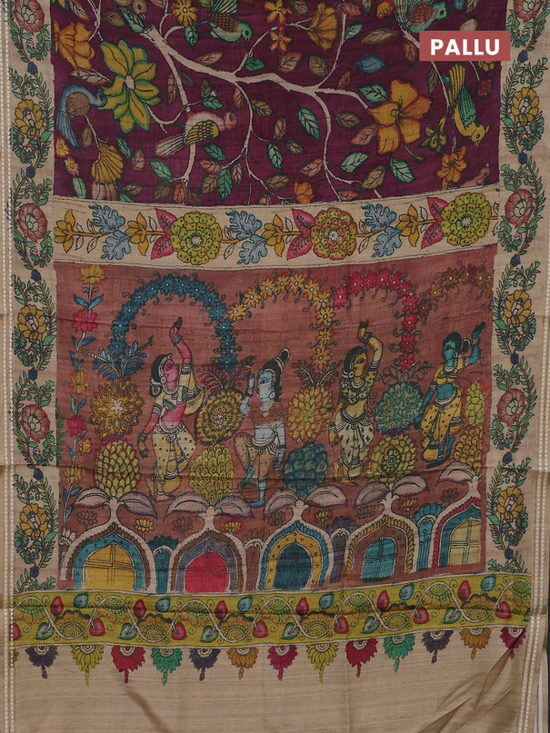 Semi tussar saree wine shade and beige with allover kalamkari prints and printed border