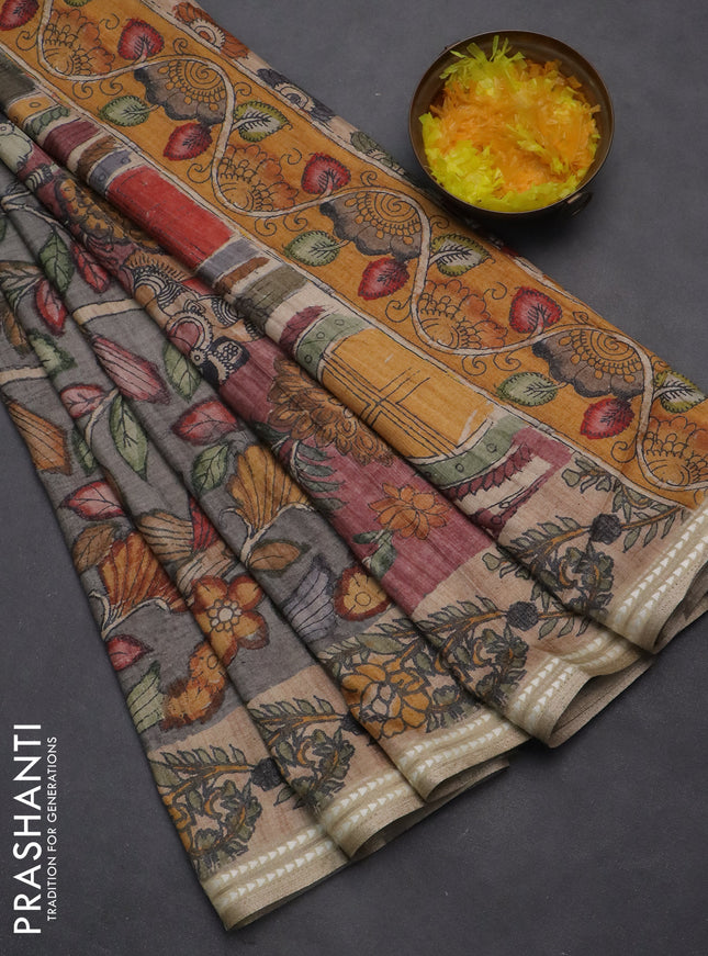 Semi tussar saree grey and beige with allover kalamkari prints and printed border