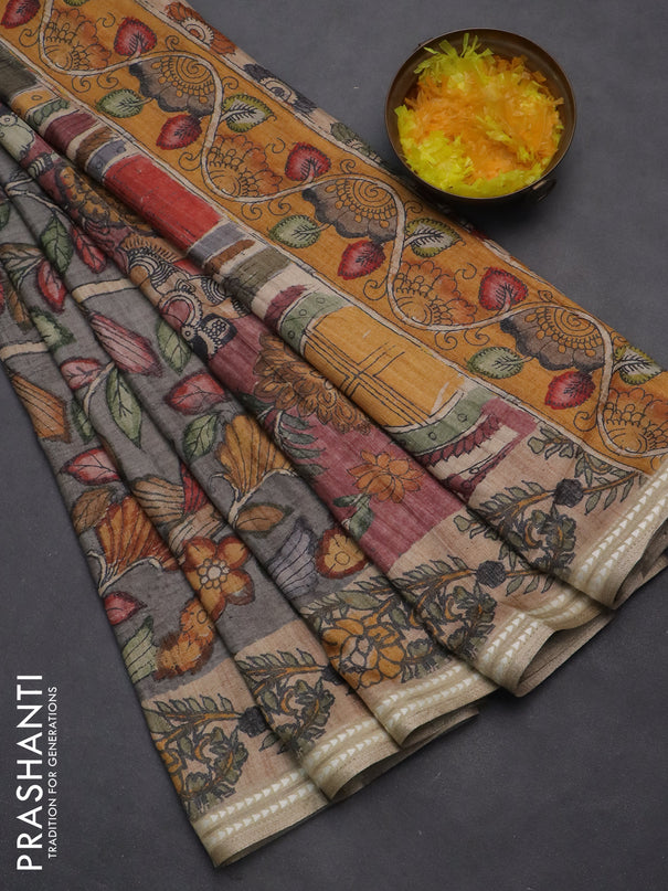 Semi tussar saree grey and beige with allover kalamkari prints and printed border
