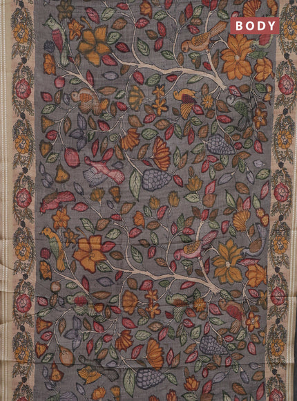 Semi tussar saree grey and beige with allover kalamkari prints and printed border