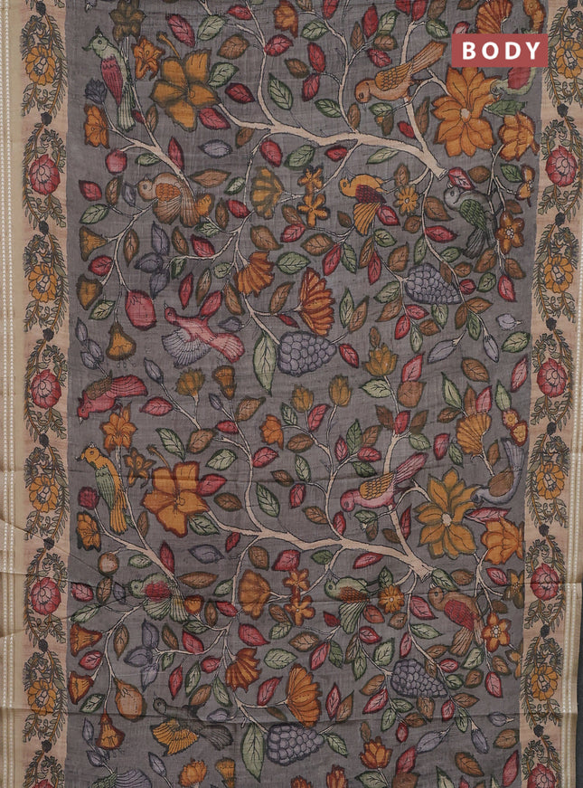 Semi tussar saree grey and beige with allover kalamkari prints and printed border