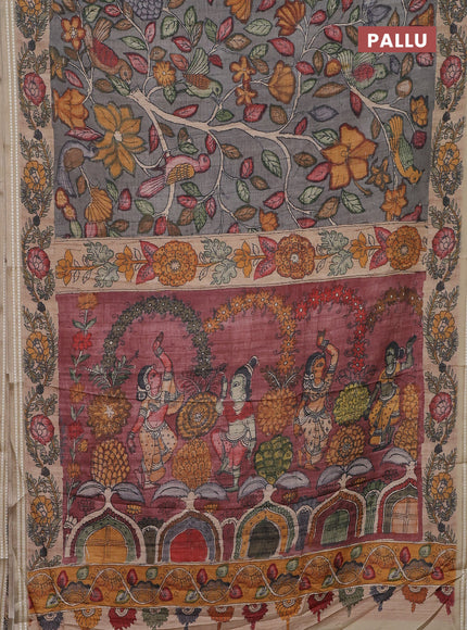 Semi tussar saree grey and beige with allover kalamkari prints and printed border