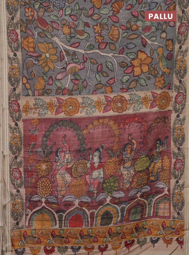 Semi tussar saree grey and beige with allover kalamkari prints and printed border