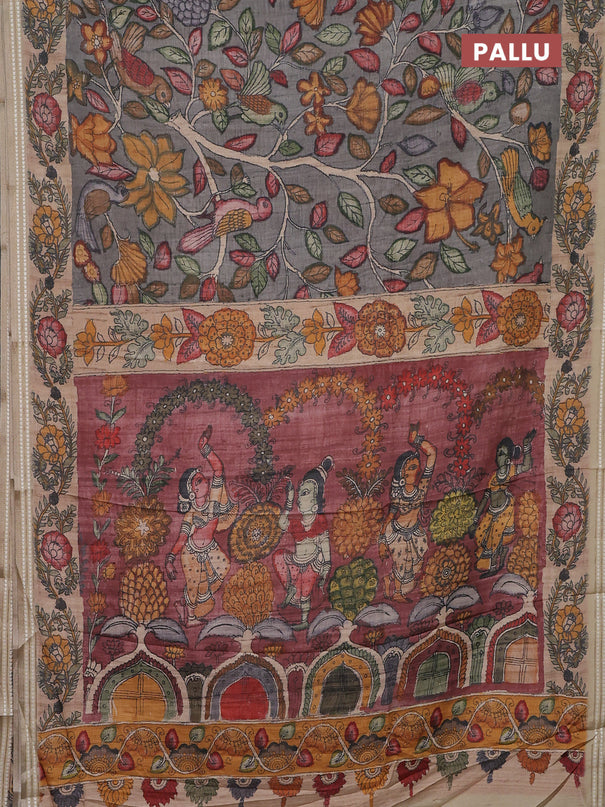 Semi tussar saree grey and beige with allover kalamkari prints and printed border
