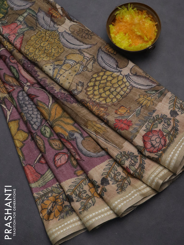 Semi tussar saree mauve pink and beige with allover kalamkari prints and printed border