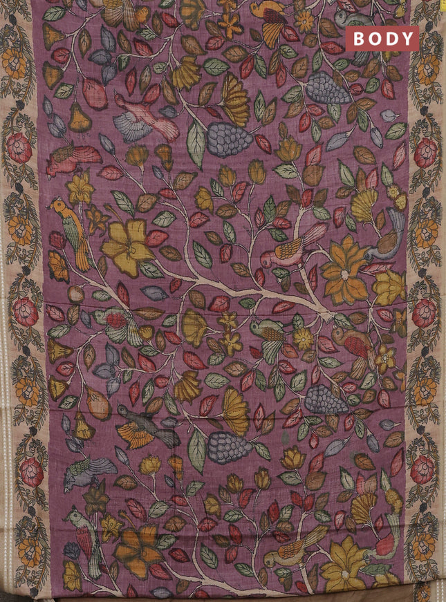 Semi tussar saree mauve pink and beige with allover kalamkari prints and printed border