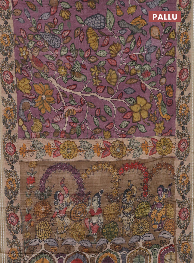 Semi tussar saree mauve pink and beige with allover kalamkari prints and printed border