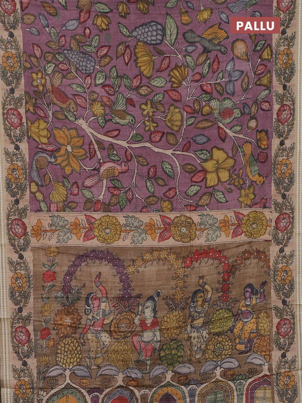 Semi tussar saree mauve pink and beige with allover kalamkari prints and printed border