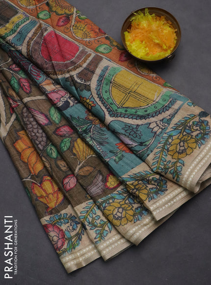 Semi tussar saree brown and beige with allover kalamkari prints and printed border