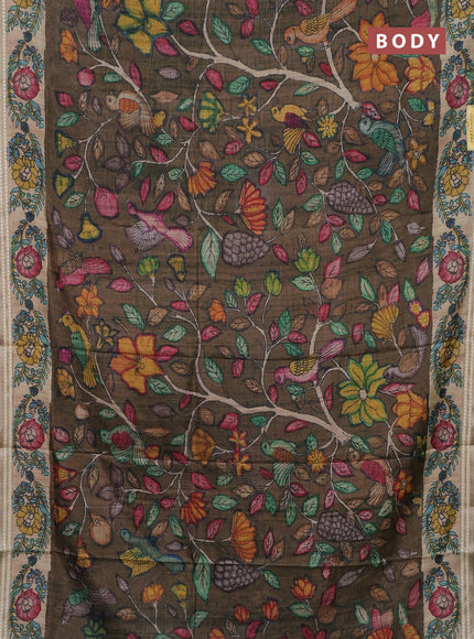 Semi tussar saree brown and beige with allover kalamkari prints and printed border