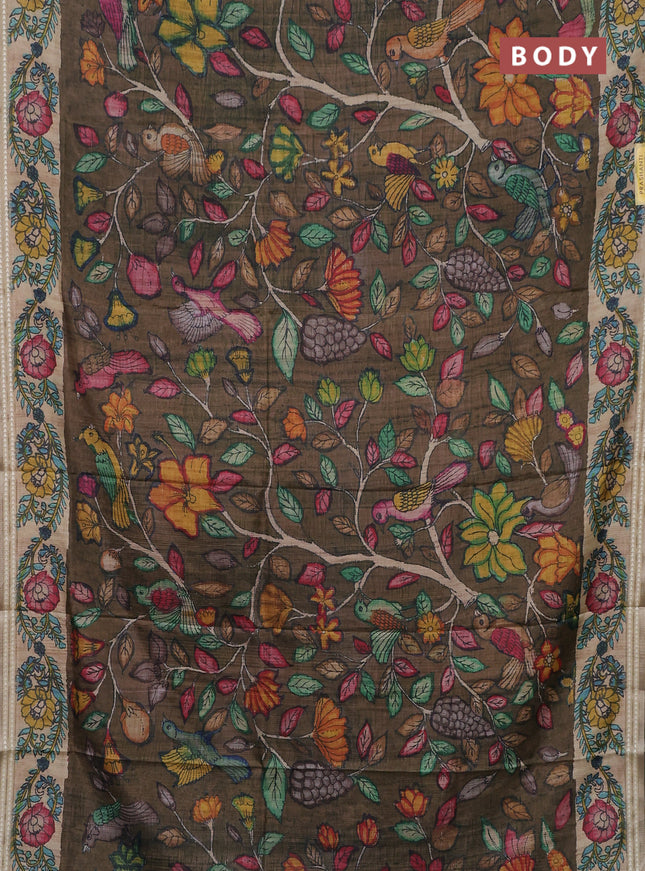 Semi tussar saree brown and beige with allover kalamkari prints and printed border