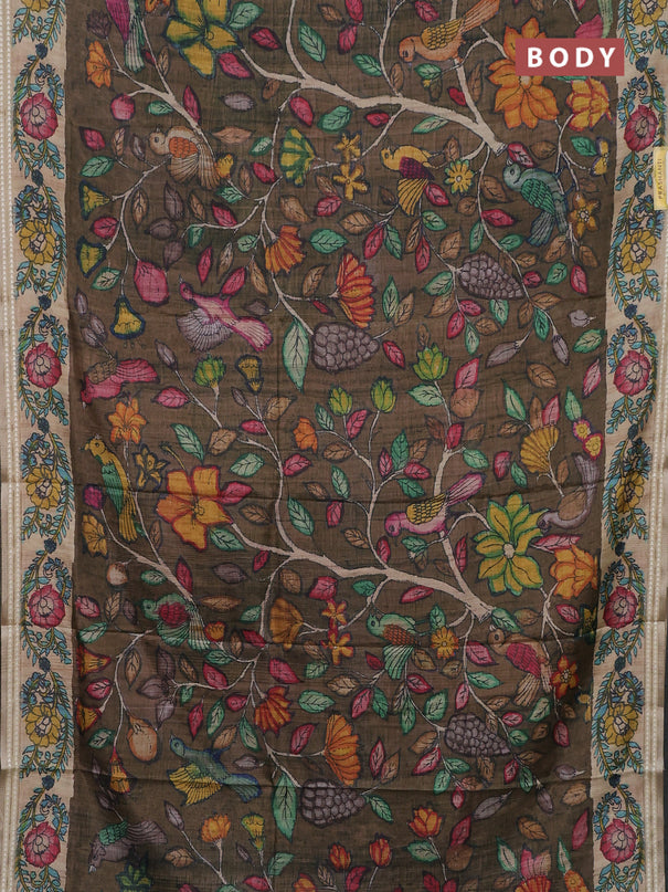 Semi tussar saree brown and beige with allover kalamkari prints and printed border