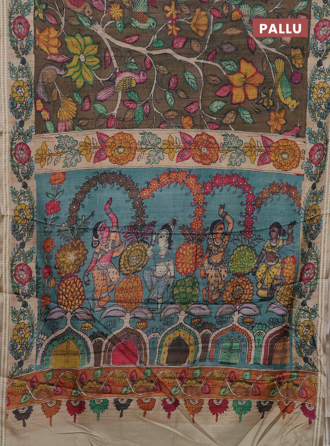 Semi tussar saree brown and beige with allover kalamkari prints and printed border