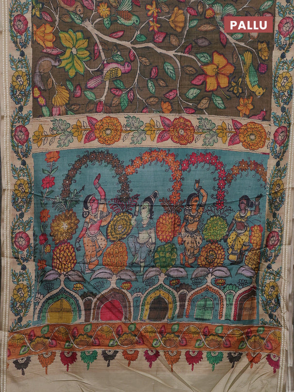Semi tussar saree brown and beige with allover kalamkari prints and printed border