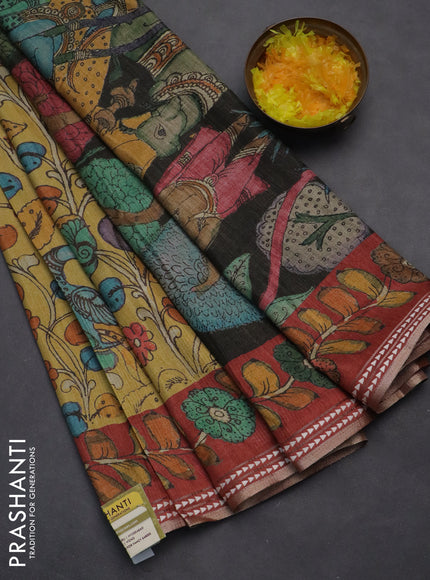 Semi tussar saree mustard yellow and maroon with allover kalamkari prints and printed border