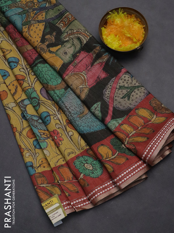 Semi tussar saree mustard yellow and maroon with allover kalamkari prints and printed border