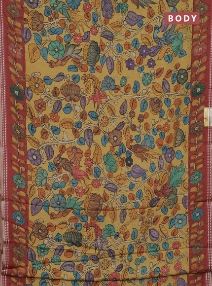 Semi tussar saree mustard yellow and maroon with allover kalamkari prints and printed border