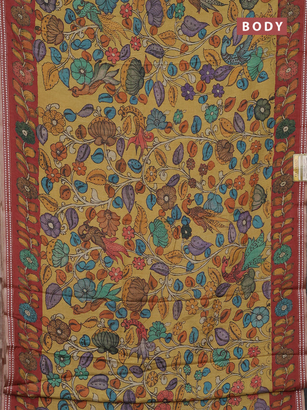 Semi tussar saree mustard yellow and maroon with allover kalamkari prints and printed border