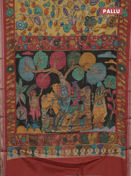 Semi tussar saree mustard yellow and maroon with allover kalamkari prints and printed border