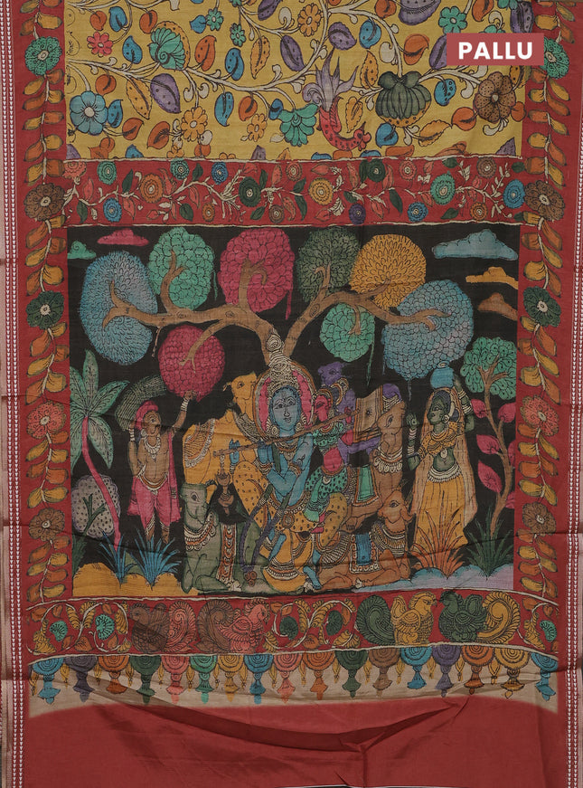 Semi tussar saree mustard yellow and maroon with allover kalamkari prints and printed border