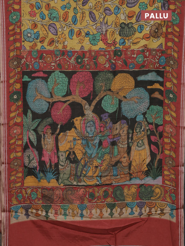 Semi tussar saree mustard yellow and maroon with allover kalamkari prints and printed border