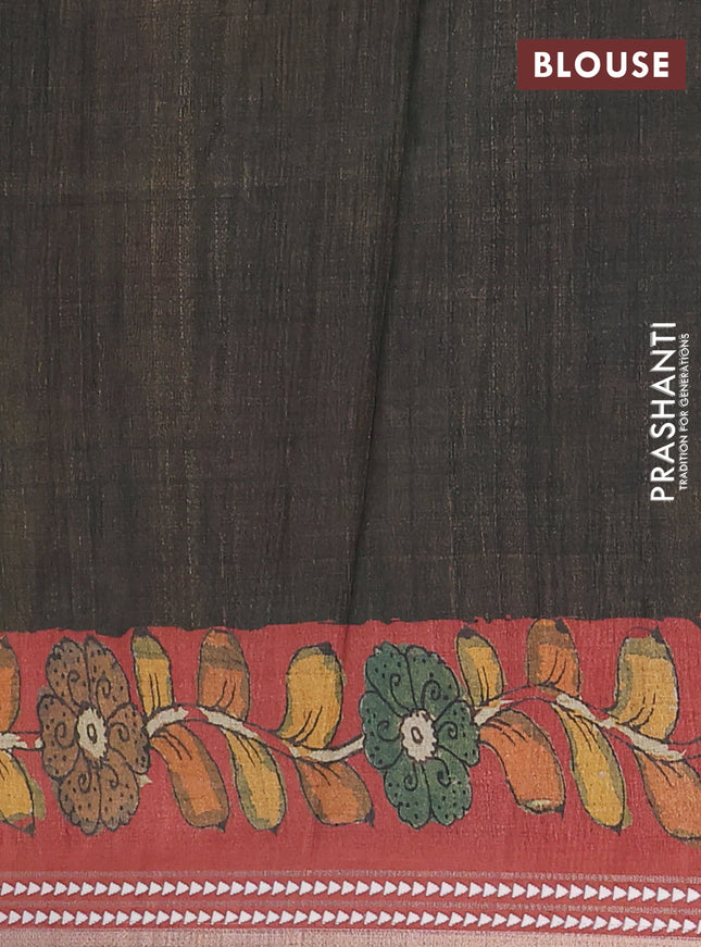 Semi tussar saree mustard yellow and maroon with allover kalamkari prints and printed border