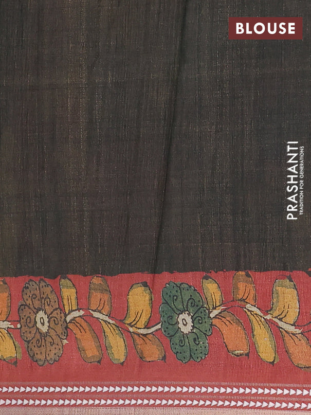 Semi tussar saree mustard yellow and maroon with allover kalamkari prints and printed border