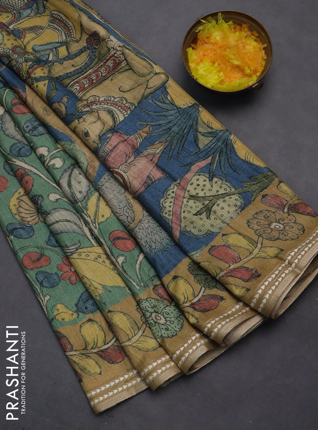 Semi tussar saree green and dark sandal with allover kalamkari prints and printed border