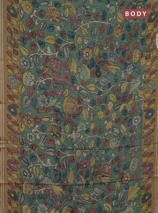 Semi tussar saree green and dark sandal with allover kalamkari prints and printed border