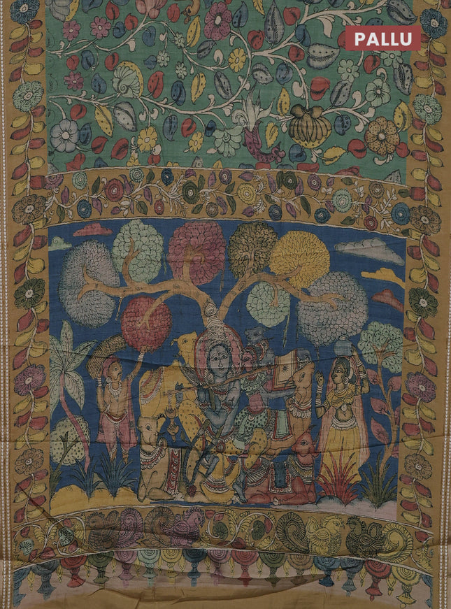 Semi tussar saree green and dark sandal with allover kalamkari prints and printed border