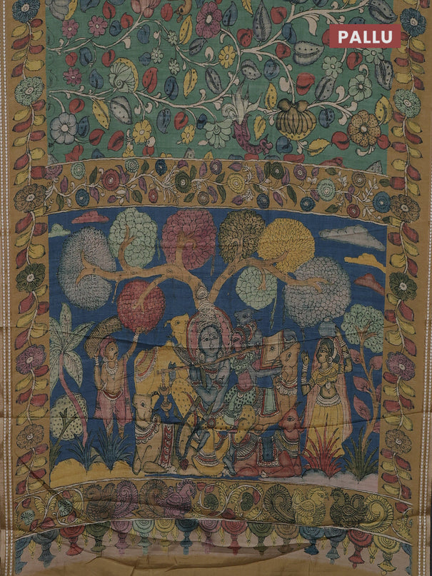 Semi tussar saree green and dark sandal with allover kalamkari prints and printed border