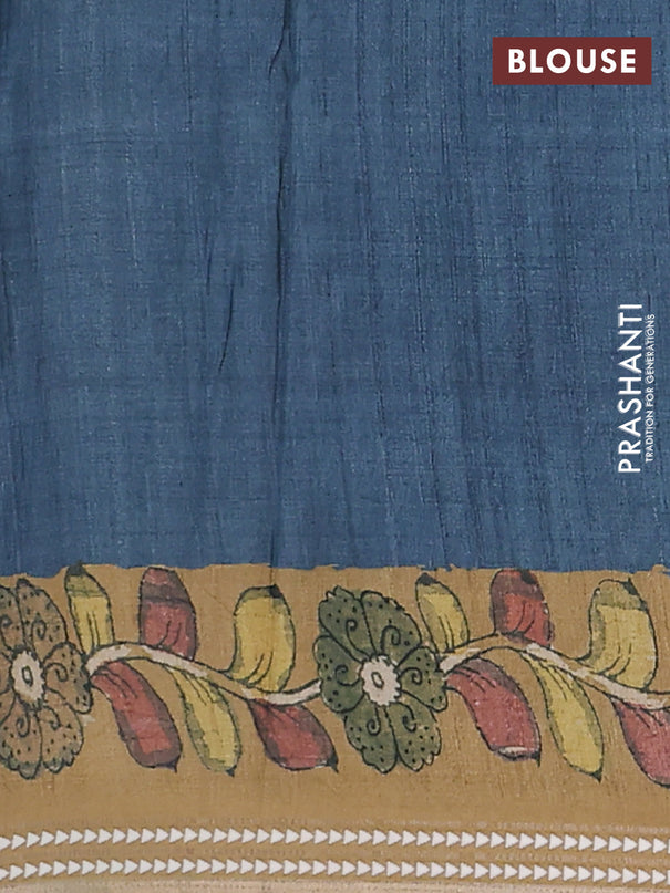 Semi tussar saree green and dark sandal with allover kalamkari prints and printed border