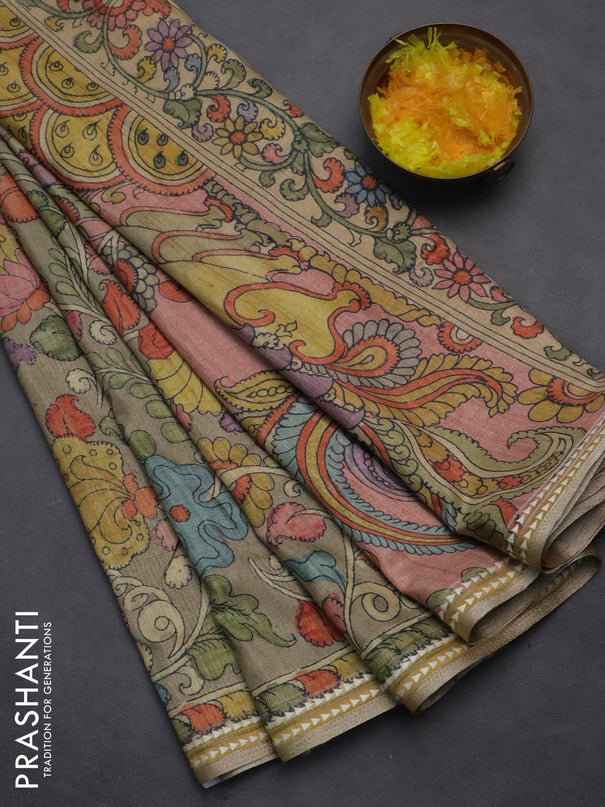 Semi tussar saree elaichi green and peach shade with allover kalamkari prints and printed border