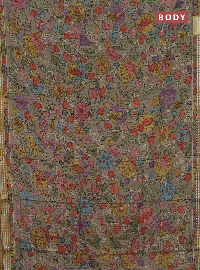 Semi tussar saree elaichi green and peach shade with allover kalamkari prints and printed border