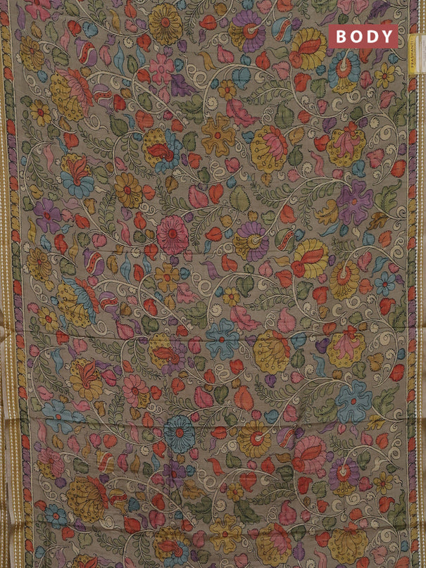 Semi tussar saree elaichi green and peach shade with allover kalamkari prints and printed border