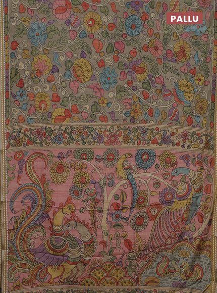 Semi tussar saree elaichi green and peach shade with allover kalamkari prints and printed border