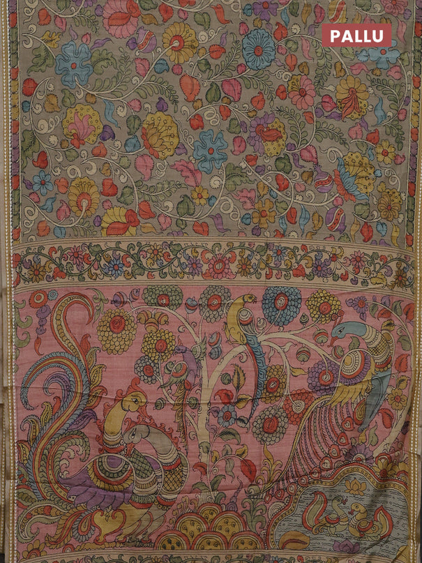 Semi tussar saree elaichi green and peach shade with allover kalamkari prints and printed border