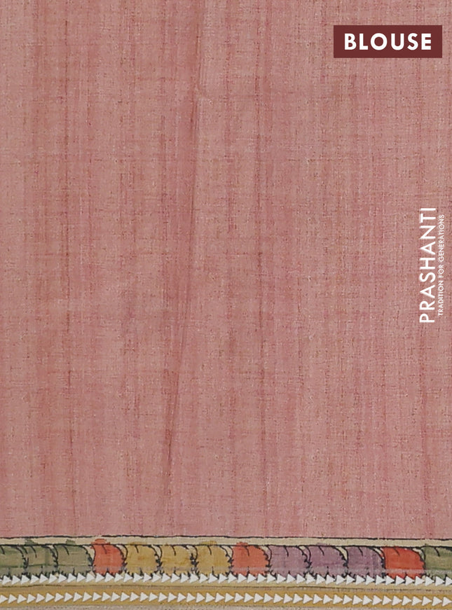 Semi tussar saree elaichi green and peach shade with allover kalamkari prints and printed border