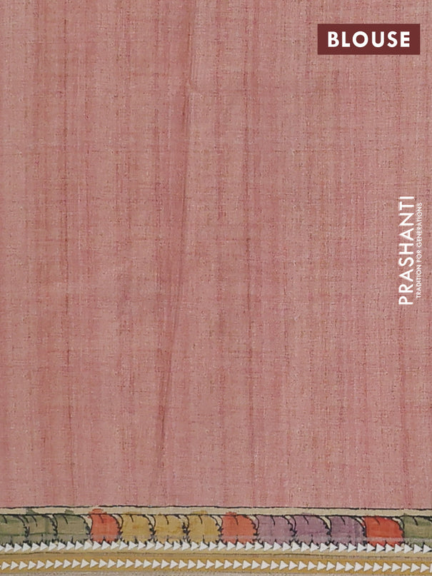 Semi tussar saree elaichi green and peach shade with allover kalamkari prints and printed border