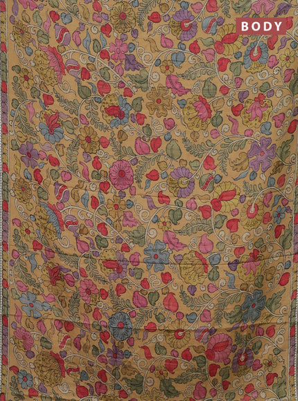 Semi tussar saree mustard yellow and pastel green with allover kalamkari prints and printed border