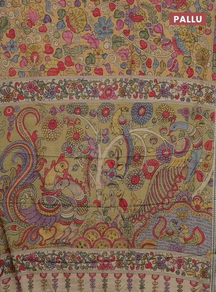 Semi tussar saree mustard yellow and pastel green with allover kalamkari prints and printed border