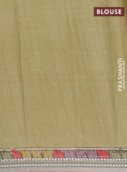 Semi tussar saree mustard yellow and pastel green with allover kalamkari prints and printed border