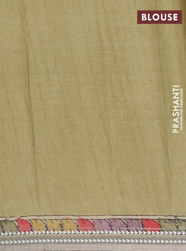 Semi tussar saree mustard yellow and pastel green with allover kalamkari prints and printed border